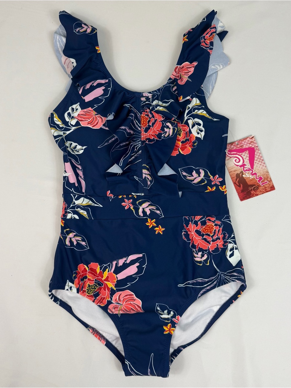 Okami Girls Floral One Piece Swimsuit Size 12 Navy Ruffle NWT